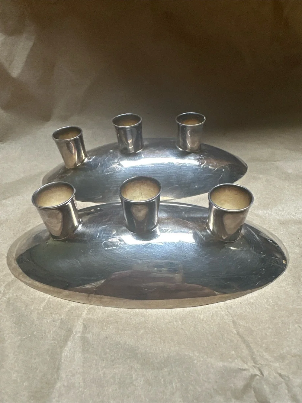 Gorham Silver Tone Oval 3-Arm Candle taper Holders - Pair
